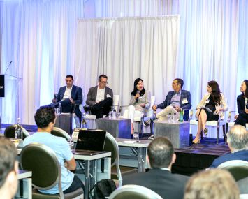 One of the day's panels: (l-r) Daniel Liffman, Jason Choulochas, Christine Kang, Glenn Sonnenberg, Danielle Duenas and Teresa Zien.