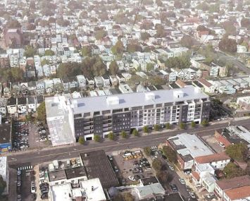 A rendering for a planned 155-unit multifamily project at 859-869 Communipaw Avenue.