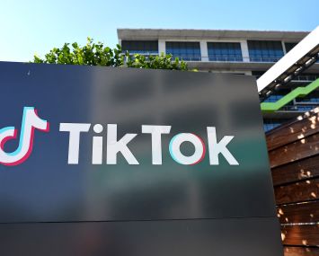 The TikTok logo is displayed outside a TikTok office at the C3 campus in Culver City.