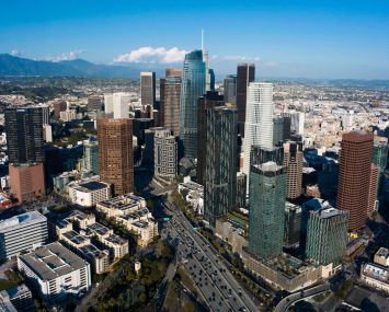 Aerial view of Harbor Freeway 110 leading to Los Angeles Skyline.
