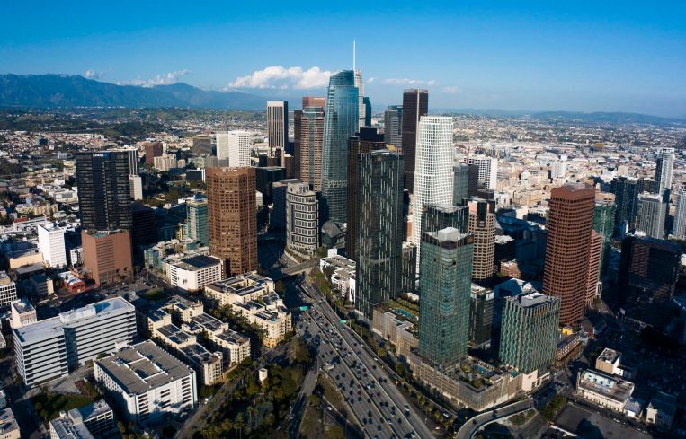 Aerial view of Harbor Freeway 110 leading to Los Angeles Skyline.