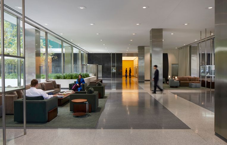 The Lever House lobby had damaged stone walls and floors, which SOM and Brookfield painstakingly restored and replaced.