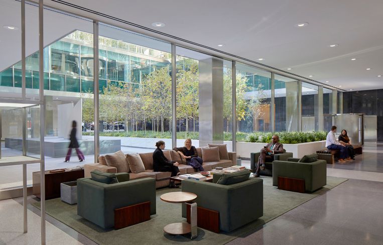 The lobby at Lever House was originally designed to feel like an extension of the outdoor plaza.