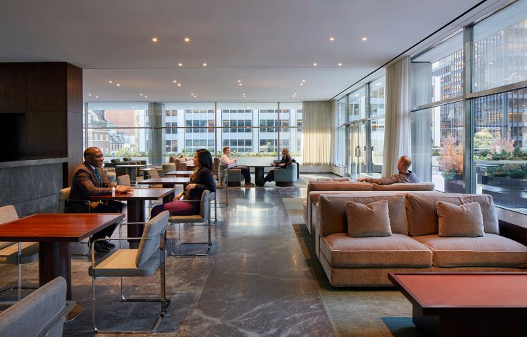 The third floor lounge for tenants features a bar—operated by Casa Lever's restaurant group—and plenty of midcentury couches and armchairs.