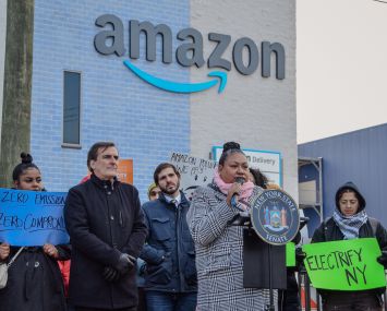 State Sen. Michael Gianaris and Assemblymember Marcela Mitaynes spoke at a press conference about their bill that would require large e-commerce warehouses to reduce carbon emissions and put fewer trucks on the road.