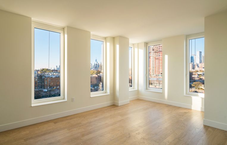 The living room of a newly completed two bedroom at 420 Carroll Street.