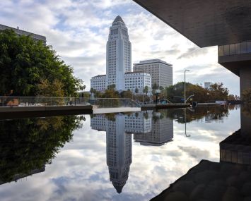 City Hall and its reflection, from the United States Courthouse in Downtown Los Angeles.