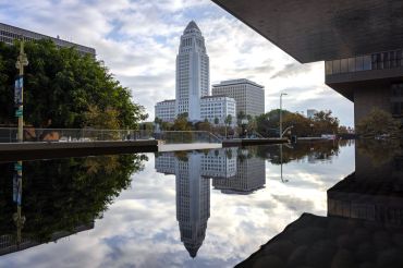 City Hall and its reflection, from the United States Courthouse in Downtown Los Angeles.