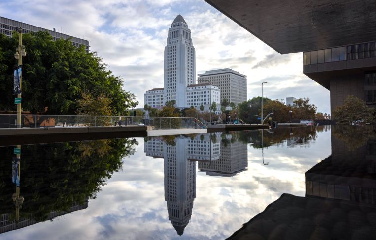 City Hall and its reflection, from the United States Courthouse in Downtown Los Angeles.