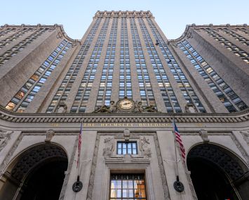 A view of the Helmsley Building. The Building was completed in 1929 in the Art-Deco and Beaux-Arts style by the Warren and Wetmore firm.