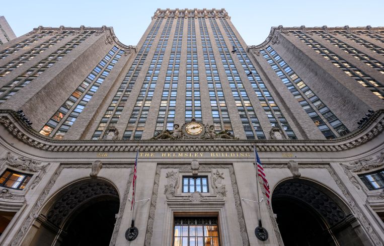 A view of the Helmsley Building. The Building was completed in 1929 in the Art-Deco and Beaux-Arts style by the Warren and Wetmore firm.