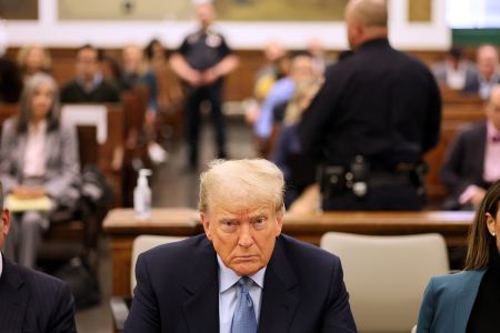 Former President Donald Trump in a courtroom at New York Supreme Court.