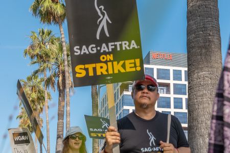 Members Of SAG-AFTRA and WGA on strike at Netflix's office Sunset Bronson Studios — both owned by Hudson Pacific — in Hollywood.
