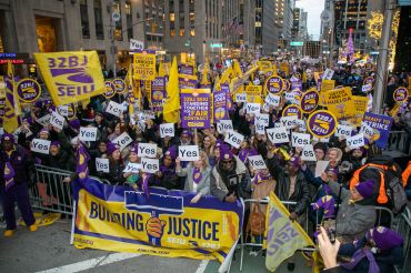 32BJ SEIU commercial building workers voted "yes" to authorize a strike at a rally in Midtown Manhattan December 20, 2023.