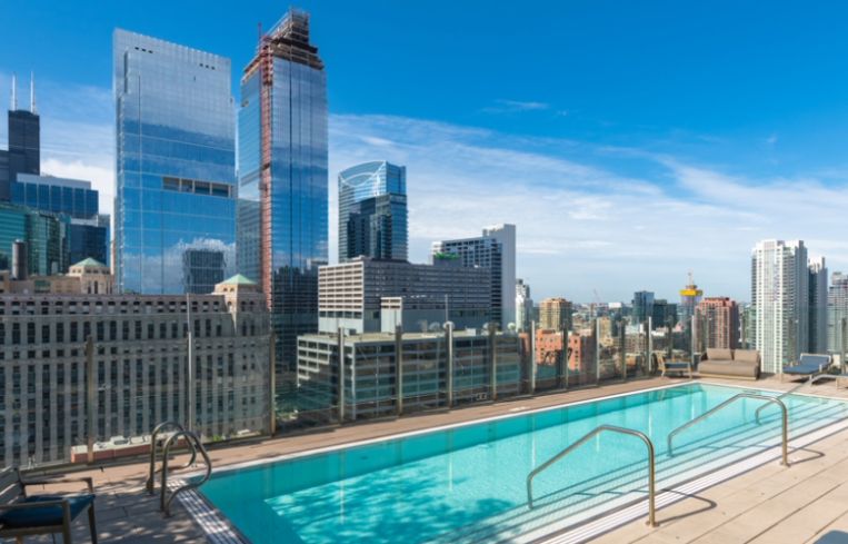 The outdoor pool at 3Eleven apartment complex in downtown Chicago.