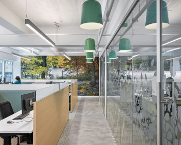 Central Park Conservancy incorporated green fixtures, large photos of the park and blonde wood to give its new offices a natural vibe.