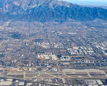 Aerial view of Ontario International Airport (ONT), San Bernardino County, situated 38 miles East of Los Angeles California.