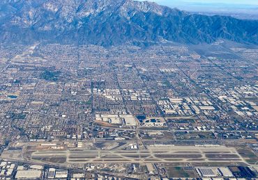 Aerial view of Ontario International Airport (ONT), San Bernardino County, situated 38 miles East of Los Angeles California.