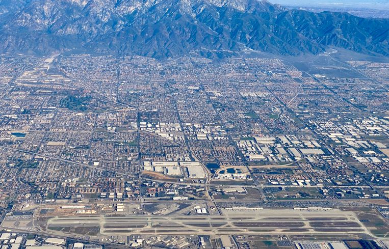 Aerial view of Ontario International Airport (ONT), San Bernardino County, situated 38 miles East of Los Angeles California.