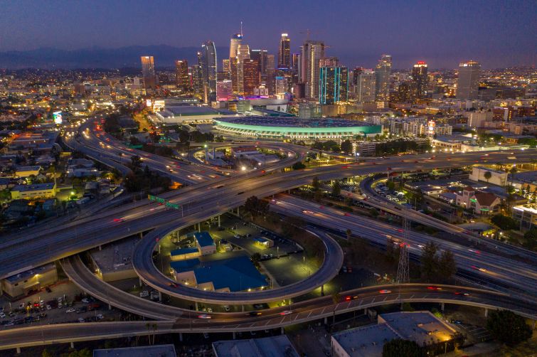 An aerial view of the 10 and 110 freeway interchange in Los Angeles, California.
