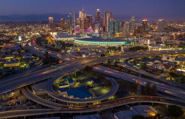 An aerial view of the 10 and 110 freeway interchange in Los Angeles, California.