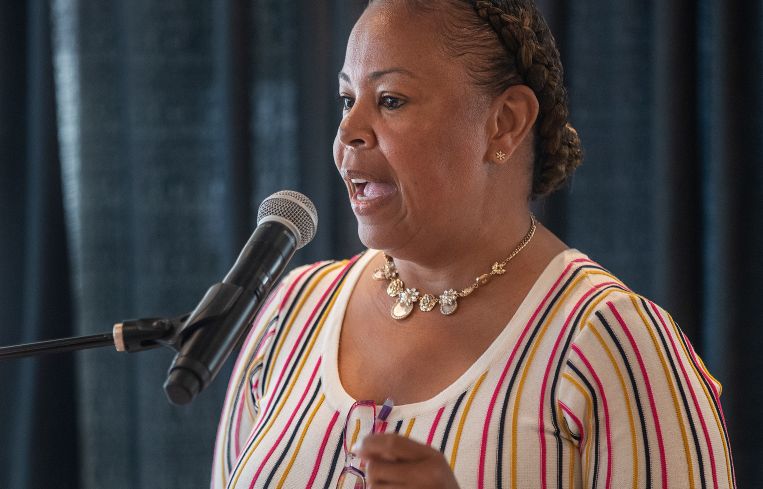 Fesia Davenport, CEO for Los Angeles County, speaks during a press conference. Davenport's office handled the lease for the county’s Department of Public Social Services.