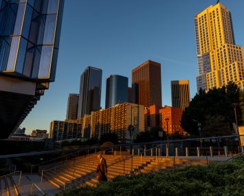 Morning light on downtown skyline in Los Angeles.