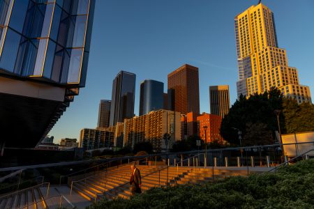 Morning light on downtown skyline in Los Angeles.