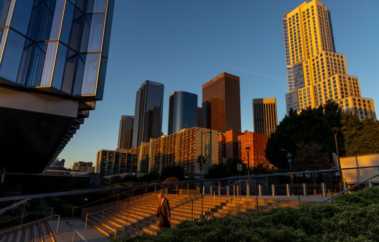 Morning light on downtown skyline in Los Angeles.