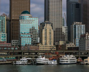 A shot of the Seattle waterfront and downtown skyline, which has seen its office vacancy spike to 24%.