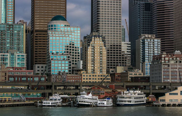 A shot of the Seattle waterfront and downtown skyline, which has seen its office vacancy spike to 24%.