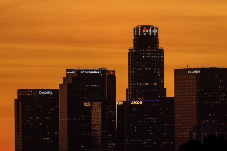 City National 2CAL, front left with City National Bank on top, near the Gas Company Tower, U.S. Bank Tower and other office buildings in Downtown Los Angeles.