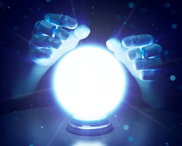 Robot fortune teller hand and a glowing crystal ball.