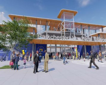 A rendering of the new proposed Parkchester and Van Nest Metro North station, one of four new stations MTA is building in the East Bronx. The Adams administration hopes to rezone the area for more than 6,000 apartments.