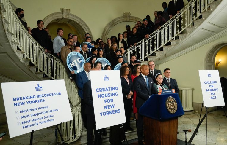 New York City Mayor Eric Adams makes a housing related announcement at City Hall