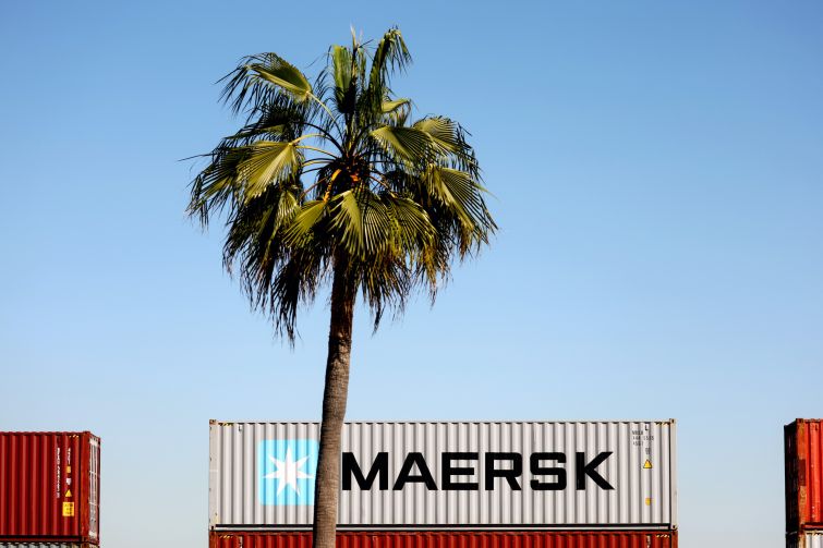 A Maersk shipping container sits on a rail car at the Port of Los Angeles in San Pedro, California. The company hauls 17 percent of the planet’s shipping containers aboard its vessels.