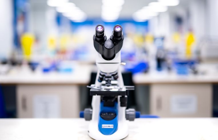 A microscope in a science laboratory.