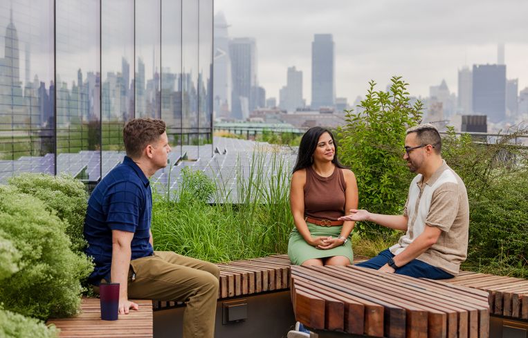 Landscaped terraces offer outdoor space on all four sides of the building.