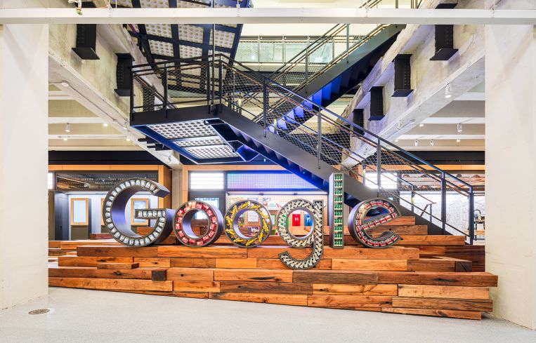 The main hall has a massive Google sculpture filled with kitschy, New York-themed items.