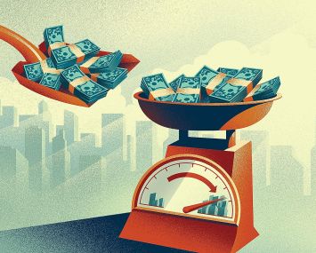 Money being shoveled onto a scale