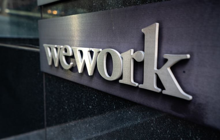A WeWork logo in Los Angeles.