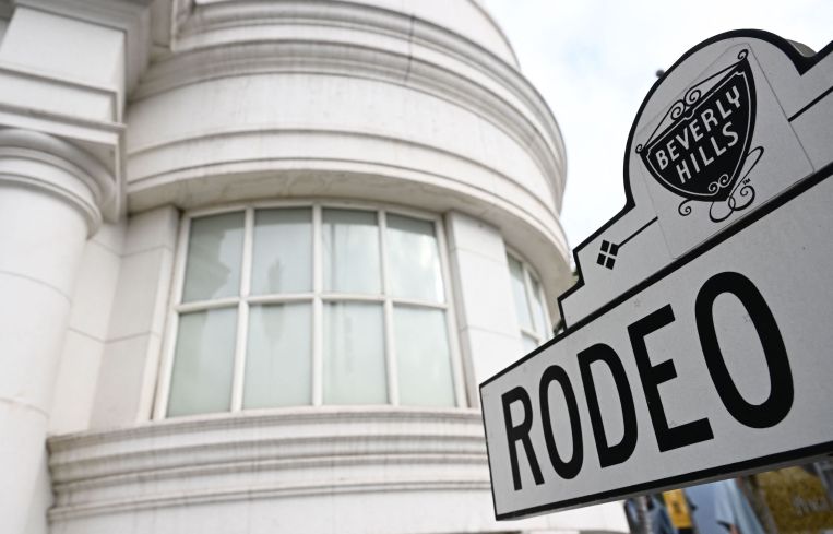 Rodeo Drive street sign stands on the corner of the site of the rejected plan for a Cheval Blanc Hotel from LVMH Moet Hennessy Louis Vuitton in Beverly Hills.