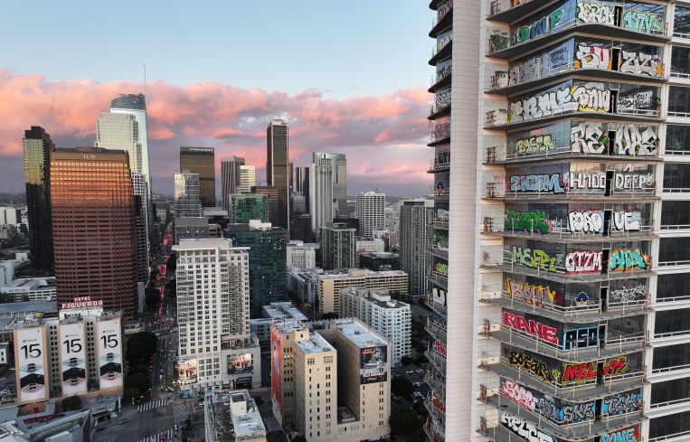 Construction on Oceanwide Plaza, a $1 billion mixed-use retail and luxury apartments project with three towering unfinished structures, stalled in January 2019 after the Beijing-based developer lacked the funds to complete it.