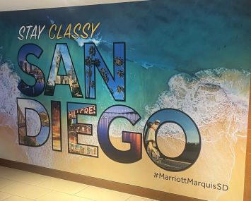 A sign in the Marriott Marquis, with a nod to the "Anchorman" movie, set in the city.