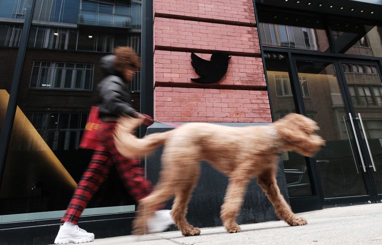 A pedestrian walks a dog past the entrance to an office building in Manhattan.
