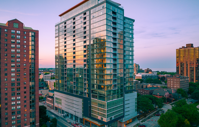 The Ascent MKE, a 25-story, 259 unit luxury apartment building in downtown Milwaukee.