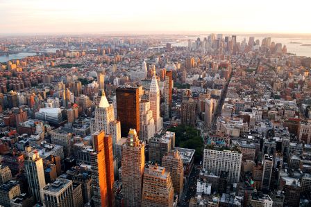 New York City Manhattan sunset skyline aerial view with office building
