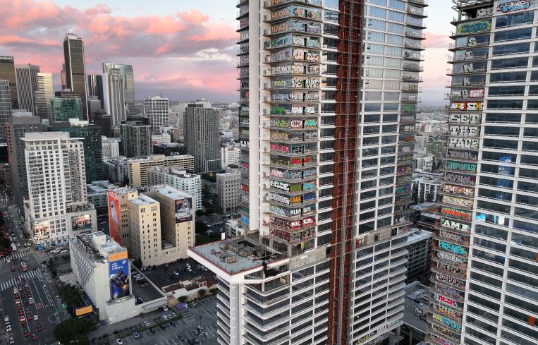 The graffiti remains as of February 22.