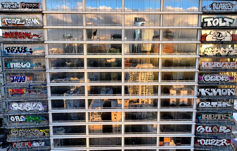 The graffiti remains as of February 22.