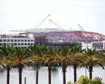 The future indoor arena for the Los Angeles Clippers The Intuit Dome under construction in September 2023 in Inglewood, California.